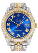 Diamond Iced Out Rolex Datejust 41 | 25 Carats Of Diamonds | Custom Blue Roman Numeral Diamond Dial | Two Tone | Two Row | Jubilee Band