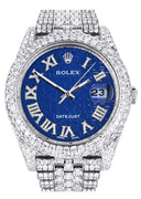Womens Diamond Iced Out Rolex Datejust 41 | 25 Carats Of Diamonds | Custom Blue Text Pattern Dial | Two Row | Jubilee Band