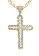 10K Yellow Gold Chain & Cz Baguette Cross Pendant | Appx. 15.6 Grams