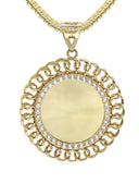 10K Yellow Gold Chain & Cz Round Curb Picture Pendant | Appx. 19.9 Grams
