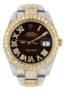Diamond Iced Out Rolex Datejust 41 | 25 Carats Of Diamonds | Custom Dark Brown Roman Numeral Diamond Dial | Two Tone | Two Row | Oyster Band