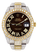 Womens Diamond Iced Out Rolex Datejust 41 | 25 Carats Of Diamonds | Custom Dark Brown Roman Numeral Diamond Dial | Two Tone | Two Row | Oyster Band