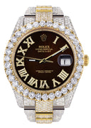 Diamond Iced Out Rolex Datejust 41 | 25 Carats Of Diamonds | Custom Dark Brown Roman Numeral Diamond Dial | Two Tone | Oyster Band