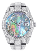 Womens Diamond Iced Out Rolex Datejust 41 | 25 Carats Of Diamonds | Abalone Mother of Pearl Dial | Two Row | Oyster Band