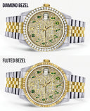 Diamond Gold Rolex Watch For Men 16233 | 36Mm | Custom Green Arabic Full Diamond Dial | Jubilee Band