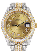 Womens Diamond Iced Out Rolex Datejust 41 | 25 Carats Of Diamonds | Custom Gold Roman Numeral Diamond Dial | Two Tone | Two Row | Jubilee Band