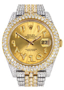 Womens Diamond Iced Out Rolex Datejust 41 | 25 Carats Of Diamonds | Custom Gold Arabic Numeral Diamond Dial | Two Tone | Two Row | Jubilee Band