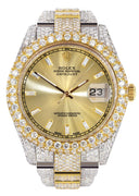 Womens Diamond Iced Out Rolex Datejust 41 | 25 Carats Of Diamonds | Gold Diamond Dial | Two Tone | Two Row | Oyster Band