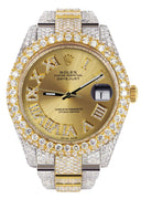 Womens Diamond Iced Out Rolex Datejust 41 | 25 Carats Of Diamonds | Custom Gold Roman Numeral Diamond Dial | Two Tone | Two Row | Oyster Band