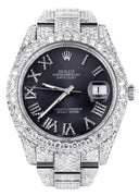 Womens Diamond Iced Out Rolex Datejust 41 | 25 Carats Of Diamonds | Custom Grey Roman Numeral Diamond Dial | Two Row | Oyster Band