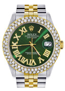 Diamond Gold Rolex Watch For Men 16233 | 36Mm | Green Roman Numeral Dial | Two Row 4.25 Carat Bezel | Jubilee Band