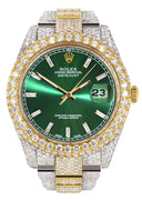Womens Diamond Iced Out Rolex Datejust 41 | 25 Carats Of Diamonds | Green Diamond Dial | Two Tone | Two Row | Oyster Band