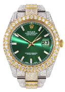 Diamond Iced Out Rolex Datejust 41 | 25 Carats Of Diamonds | Green Diamond Dial | Two Tone | Two Row | Oyster Band