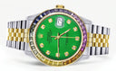 Diamond Gold Rolex Watch For Men 16233 | 36Mm | Rainbow Sapphire Bezel | Green Dial | Jubilee Band