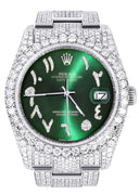 Iced Out Rolex Datejust 36 MM | Stainless Steel | 16.5 Carats of Diamonds | Green Arabic Diamond Dial | Oyster Band | Model 116200