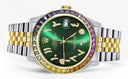 Diamond Gold Rolex Watch For Men 16233 | 36Mm | Rainbow Sapphire Bezel | Diamond Green Arabic Numeral Dial | Jubilee Band
