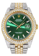 Womens Diamond Iced Out Rolex Datejust 41 | 25 Carats Of Diamonds | Custom Green Diamond Dial | Two Tone | Two Row | Jubilee Band