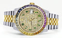 Diamond Gold Rolex Watch For Men 16233 | 36Mm | Rainbow Sapphire Bezel | Iced Out Green Arabic Numeral Dial | Jubilee Band