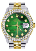 Diamond Gold Rolex Watch For Men 16233 | 36Mm | Green Mother of Pearl Dial | Two Row 4.25 Carat Bezel | Jubilee Band