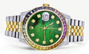 Diamond Gold Rolex Watch For Men 16233 | 36Mm | Rainbow Sapphire Bezel | Green Mother Of Pearl Dial | Jubilee Band