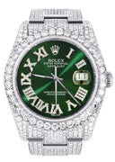 Iced Out Rolex Datejust 36 MM | Stainless Steel | 16.5 Carats of Diamonds | Green Roman Diamond Dial | Oyster Band | Model 116200