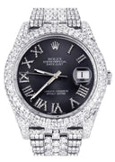 Womens Diamond Iced Out Rolex Datejust 41 | 25 Carats Of Diamonds | Custom Grey Roman Numeral Diamond Dial | Two Row | Jubilee Band