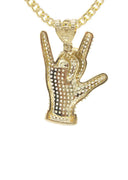 10K Yellow Gold Chain & Cz Hand Horns Pendant | Appx. 16.4 Grams