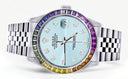 Diamond Gold Rolex Watch For Men 16200 | 36Mm | Rainbow Sapphire Bezel | Light Blue Dial | Jubilee Band
