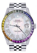 Diamond Gold Rolex Watch For Men 16200 | 36Mm | Rainbow Sapphire Bezel | Light Mother Of Pearl Roman Numeral Dial | Jubilee Band