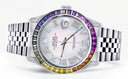 Diamond Gold Rolex Watch For Men 16200 | 36Mm | Rainbow Sapphire Bezel | Light Mother Of Pearl Roman Numeral Dial | Jubilee Band