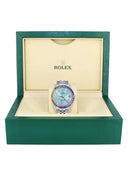 Diamond Gold Rolex Watch For Men 16200 | 36Mm | Rainbow Sapphire Bezel | Light Blue Roman Numeral Dial | Jubilee Band