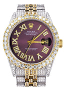Iced Out Rolex Datejust 36 MM | Two Tone | 10 Carats of Diamonds | Burgandy Roman Diamond Dial