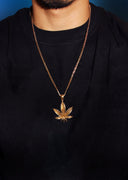 Mens Gold Plated Franco Chain & Marihuana Leaf Pendant | Appx. 17.4 Grams