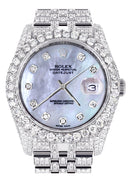 Iced Out Rolex Datejust 36 MM | Stainless Steel | 16.5 Carats of Diamonds | Blue Mother of Pearl Diamond Dial | Jubilee Band | Model 116200