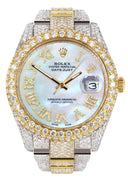 Diamond Iced Out Rolex Datejust 41 | 25 Carats Of Diamonds | Mother of Pearl Roman Numeral Dial | Two Tone | Two Row | Oyster Band