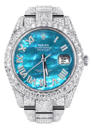 Womens Diamond Iced Out Rolex Datejust 41 | 25 Carats Of Diamonds | Aquamarine Mother of Pearl Dial | Two Row | Oyster Band