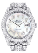 Diamond Iced Out Rolex Datejust 41 | 25 Carats Of Diamonds | Custom Mother of Pearl Arabic Numeral Diamond Dial | Two Row | Jubilee Band