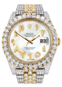 Diamond Iced Out Rolex Datejust 41 | 25 Carats Of Diamonds | Custom Mother of Pearl Arabic Numeral Diamond Dial | Two Tone | Jubilee Band