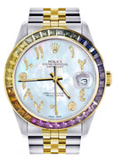 Diamond Gold Rolex Watch For Men 16233 | 36Mm | Rainbow Sapphire Bezel | Diamond Mother Of Pearl Arabic Numeral Dial | Jubilee Band