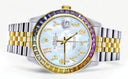 Diamond Gold Rolex Watch For Men 16233 | 36Mm | Rainbow Sapphire Bezel | Diamond Mother Of Pearl Arabic Numeral Dial | Jubilee Band
