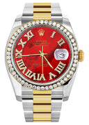 New Style | Gold & Steel Rolex Datejust Watch | 36Mm | Red Mother Of Pearl Roman Diamond Dial | Oyster Band
