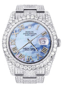 Iced Out Rolex Datejust 36 MM | Stainless Steel | 16.5 Carats of Diamonds | Blue Mother of Pearl Roman Diamond Dial | Oyster Band | Model 116200