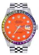 Diamond Gold Rolex Watch For Men 16200 | 36Mm | Rainbow Sapphire Bezel | Orange Dial | Jubilee Band