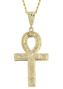 10K Yellow Gold Cuban Chain & Diamond Cut Ankh Pendant | Appx. 16.3 Grams