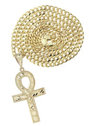 10K Yellow Gold Cuban Chain & Diamond Cut Ankh Pendant | Appx. 16.3 Grams