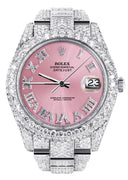 Womens Diamond Iced Out Rolex Datejust 41 | 25 Carats Of Diamonds | Custom Pink Roman Numeral Diamond Dial | Two Row | Oyster Band