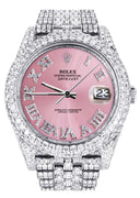 Diamond Iced Out Rolex Datejust 41 | 25 Carats Of Diamonds | Custom Pink Roman Numeral Diamond Dial | Two Row | Jubilee Band