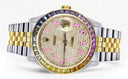 Diamond Gold Rolex Watch For Men 16233 | 36Mm | Rainbow Sapphire Bezel | Iced Out Pink Arabic Numeral Dial | Jubilee Band