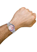 Diamond Gold Rolex Watch For Men 16200 | 36Mm | Rainbow Sapphire Bezel | Pink Mother Of Pearl Roman Numeral Dial | Jubilee Band