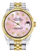 Diamond Gold Rolex Watch | Fluted Bezel | 31MM | Pink Mother of Pearl Diamond Dial | Jubilee Band
